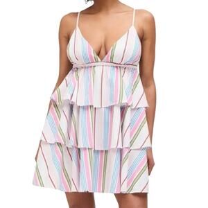 Hill House NWT The Gigi Dress Rainbow Stripe Ruffle Tiered Mini Dress Sz XXL